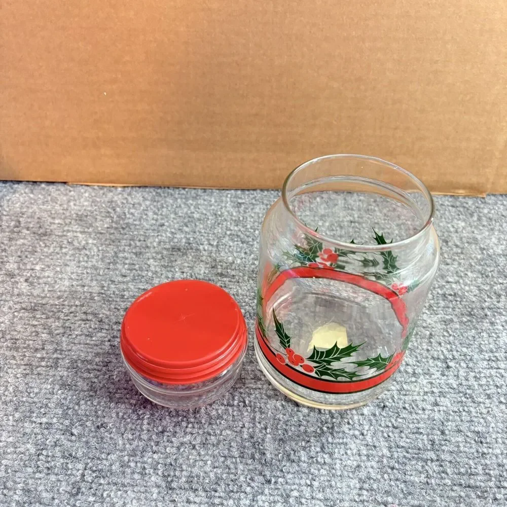 Vintage 70s Christmas‎ Glass Jar Holly Red Lid Holiday Kitchen Canister 80s